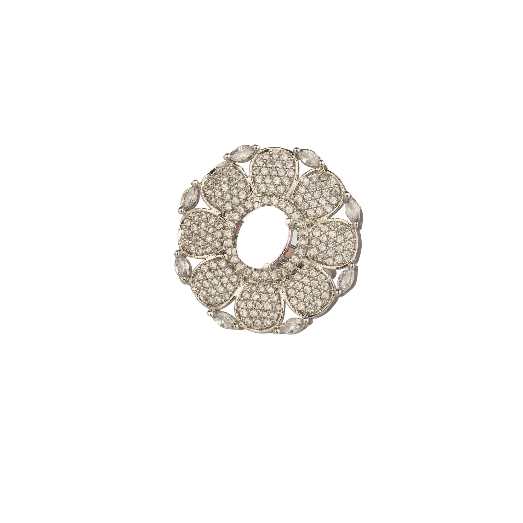 Charming zircon finger ring with a pink flower, blending elegance with vibrant sparkle."