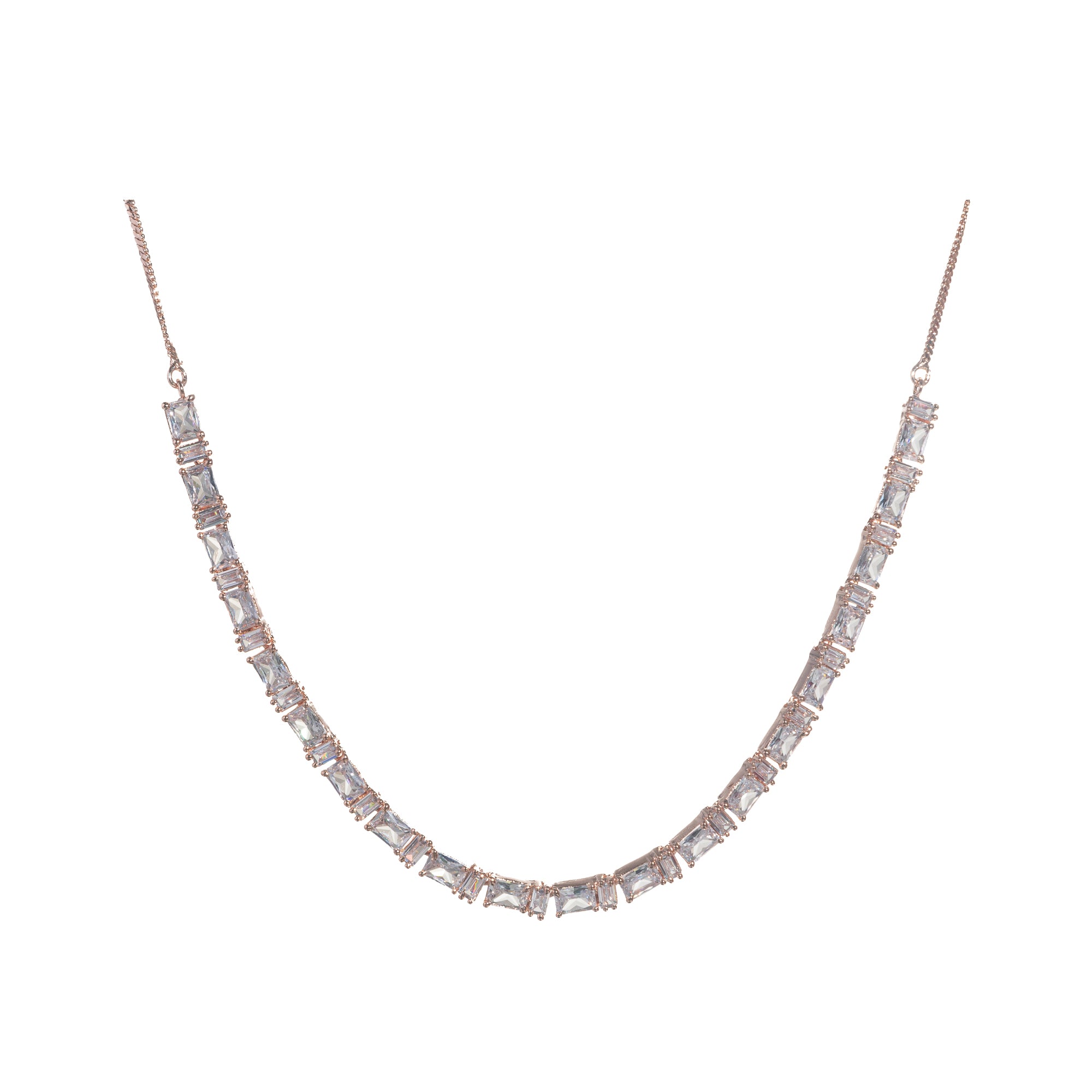 "Rose gold zircon necklace radiates timeless elegance with a warm shine."