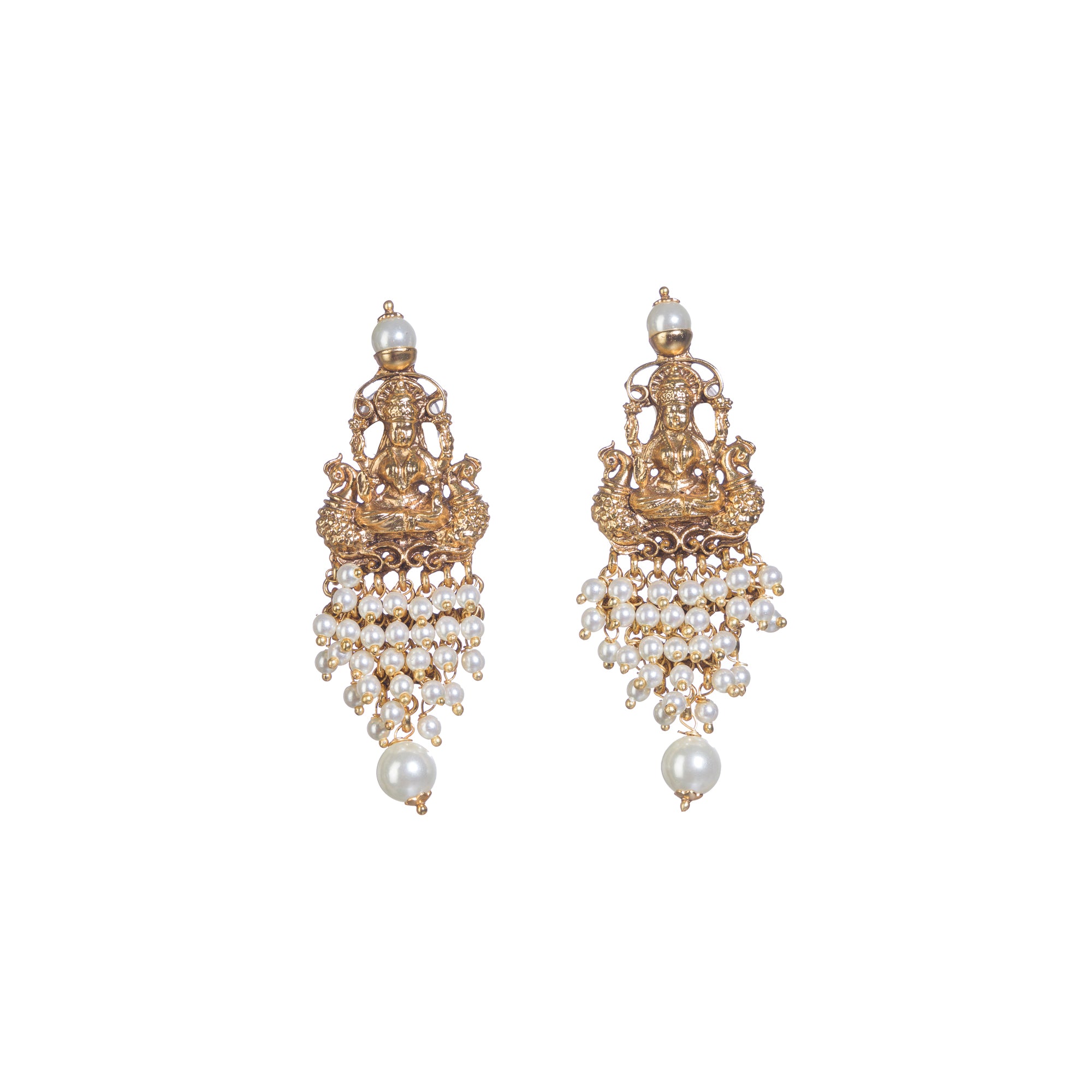 Luxurious temple long necklace with white pearls radiates opulence and refined elegance for festivals.
