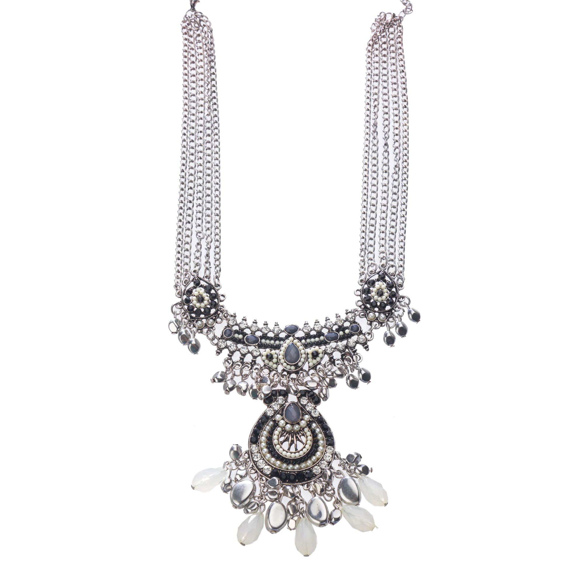 "Oxidized silver necklace with black and white beads adds stylish contrast."