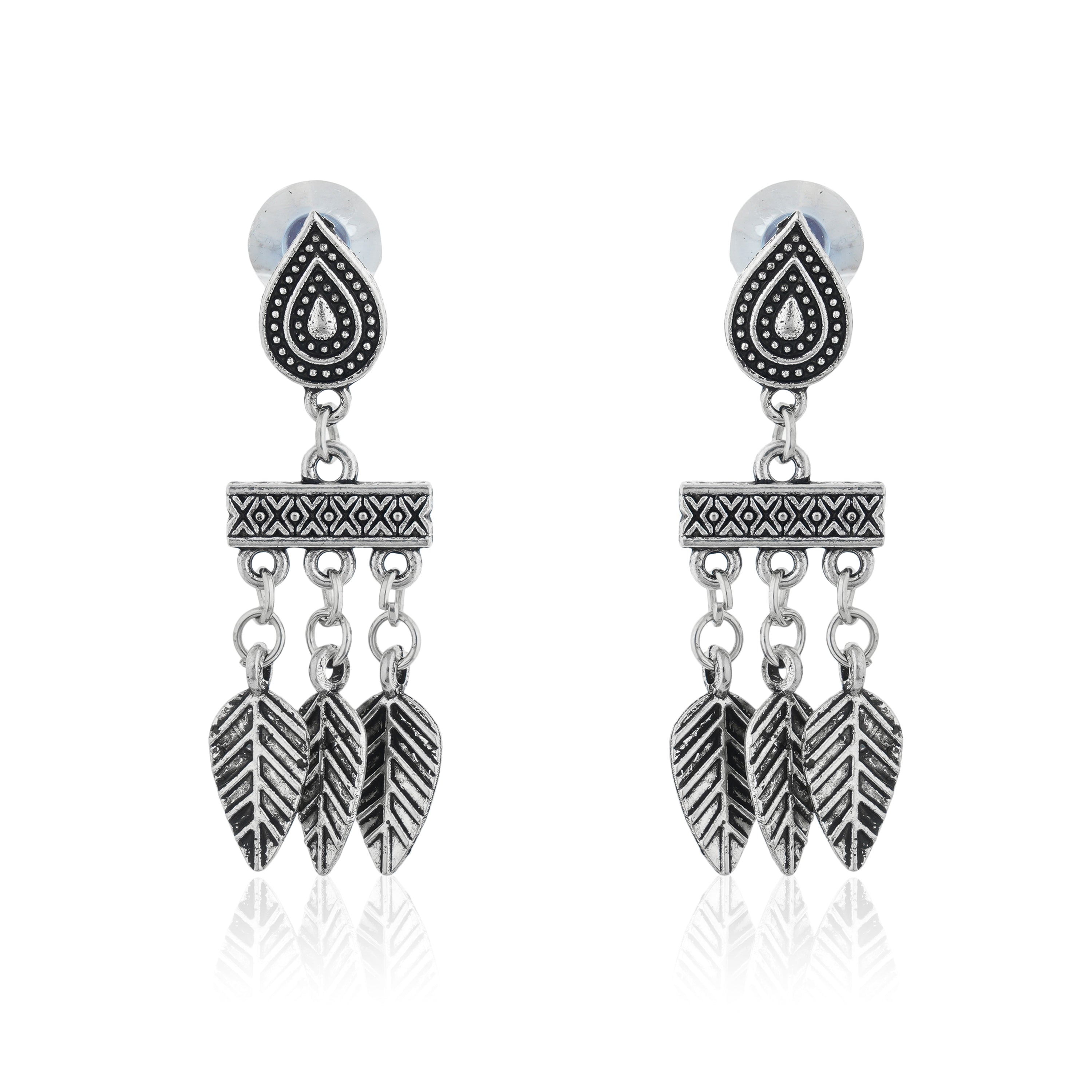 Stylish oxidized short necklace set with intricate leaf designs, perfect for festive elegance.