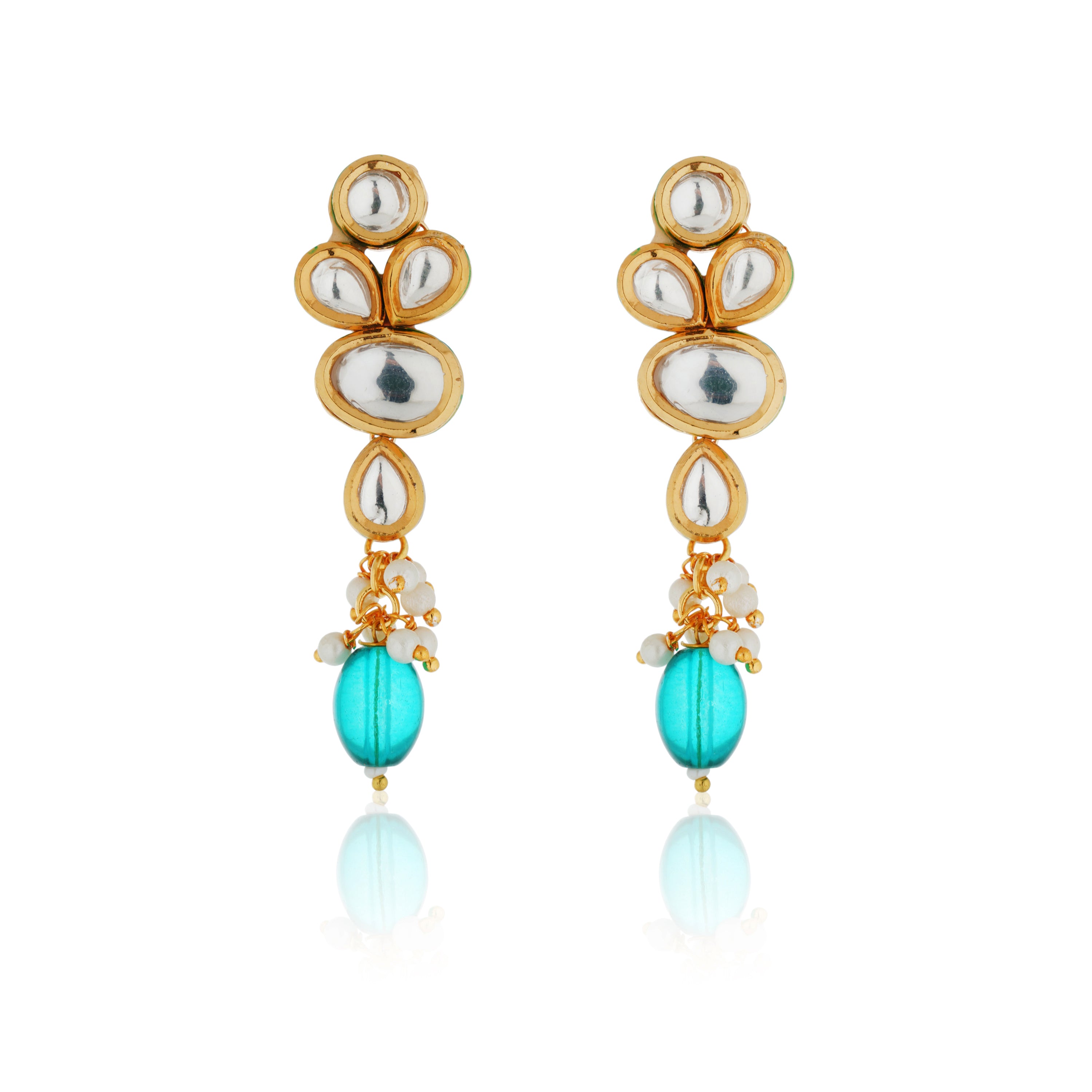 Festive Kundan necklace set with teal and white pearls, offering a vibrant and elegant touch.