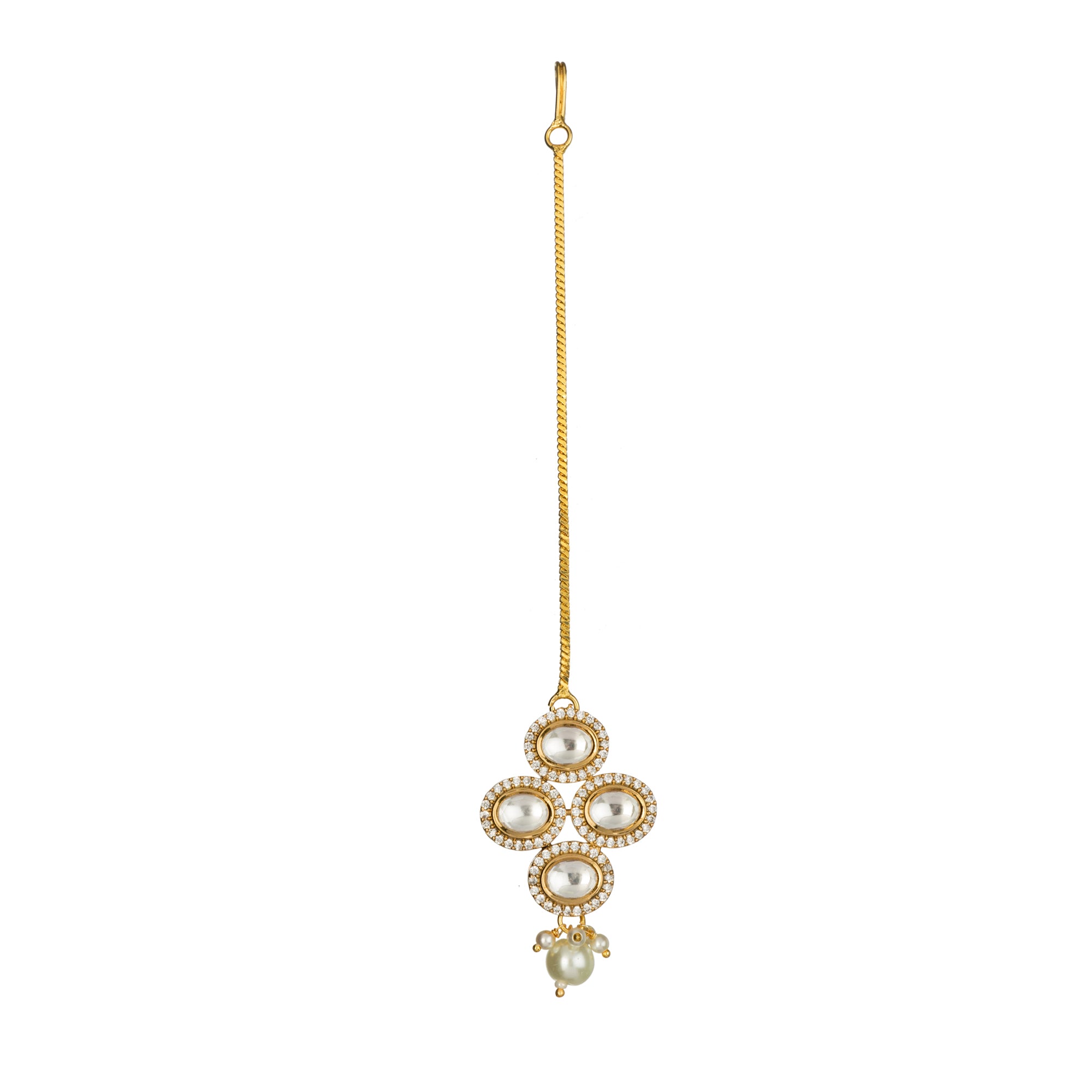 Kundan-studded goldtone maang tika with intricate detailing for a festive touch.