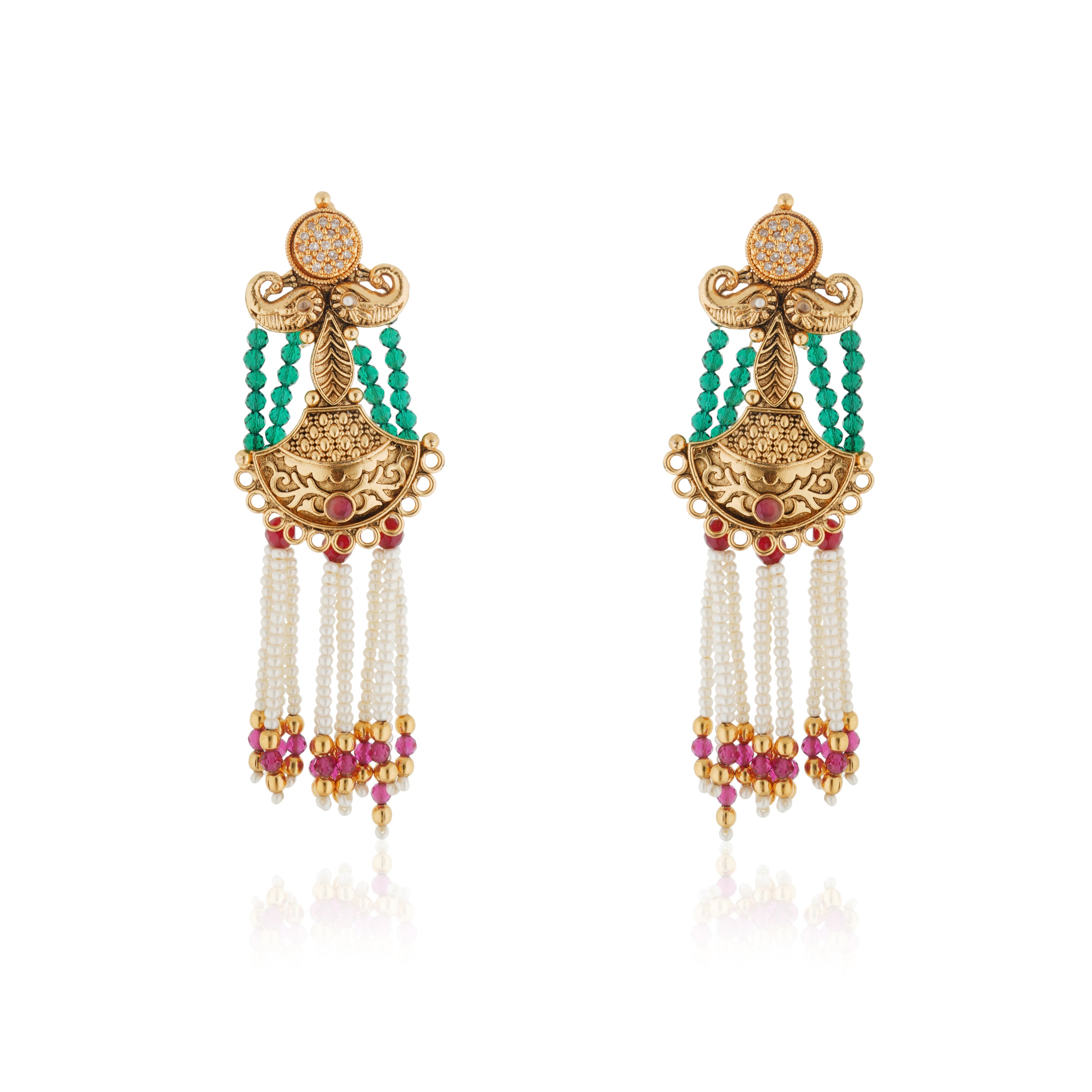 Graceful gold-tone long necklace adorned with pearls, blending tradition with sophistication.