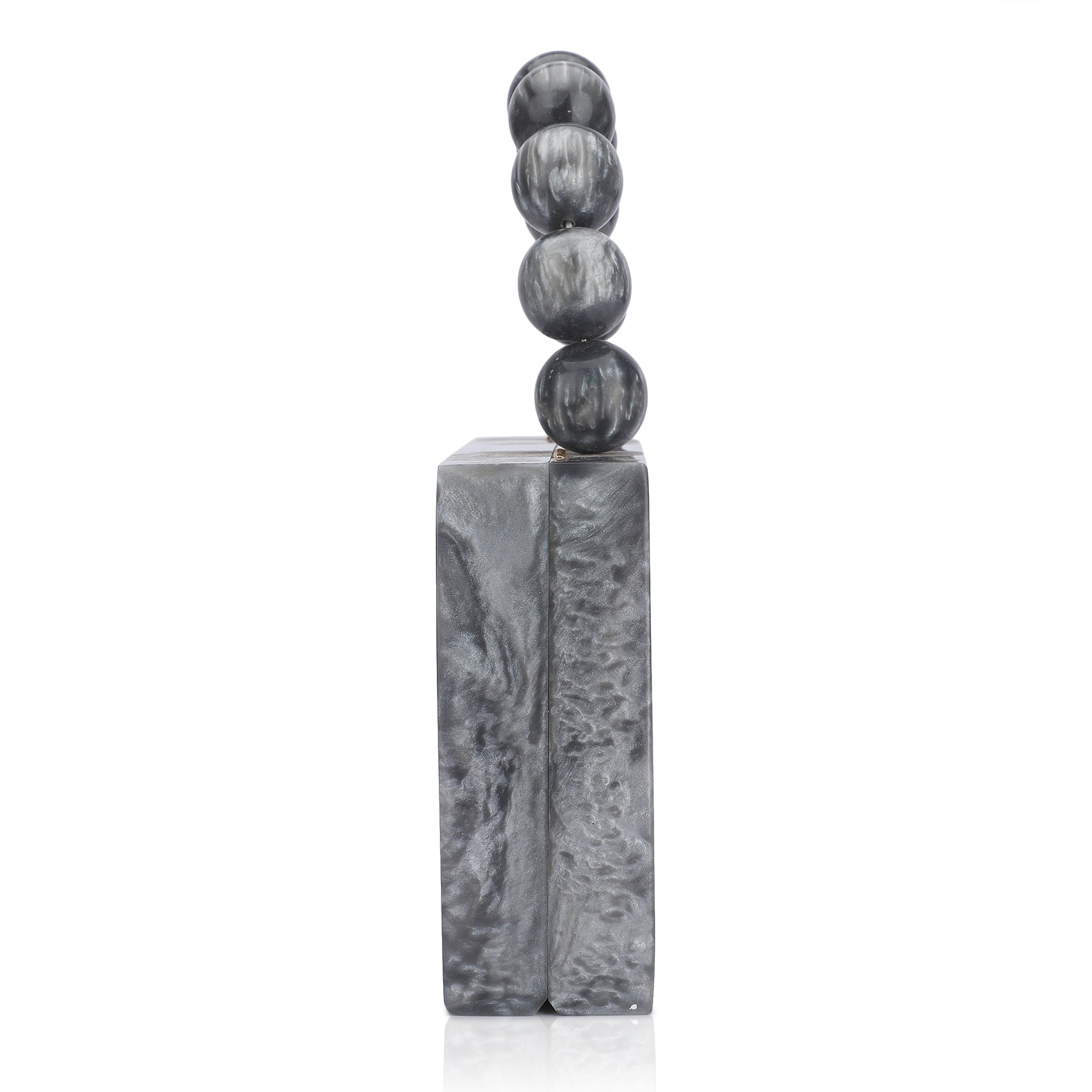 Grey resin clutch with velvet lining, heavy-duty sling, and extra pocket for convenient storage.