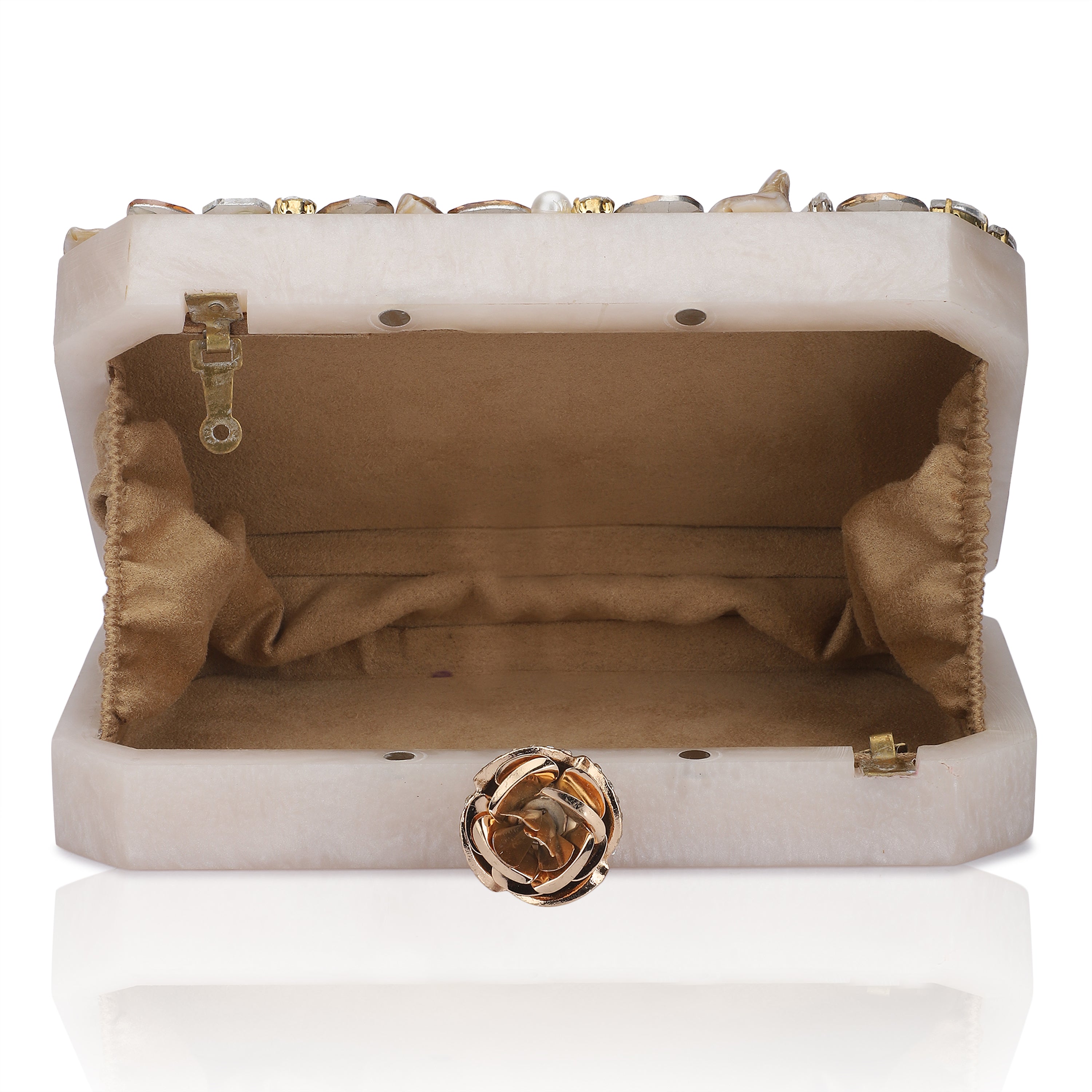 Resin-embellished salmon clutch with rose knob, sturdy sling, and extra pocket for convenience.