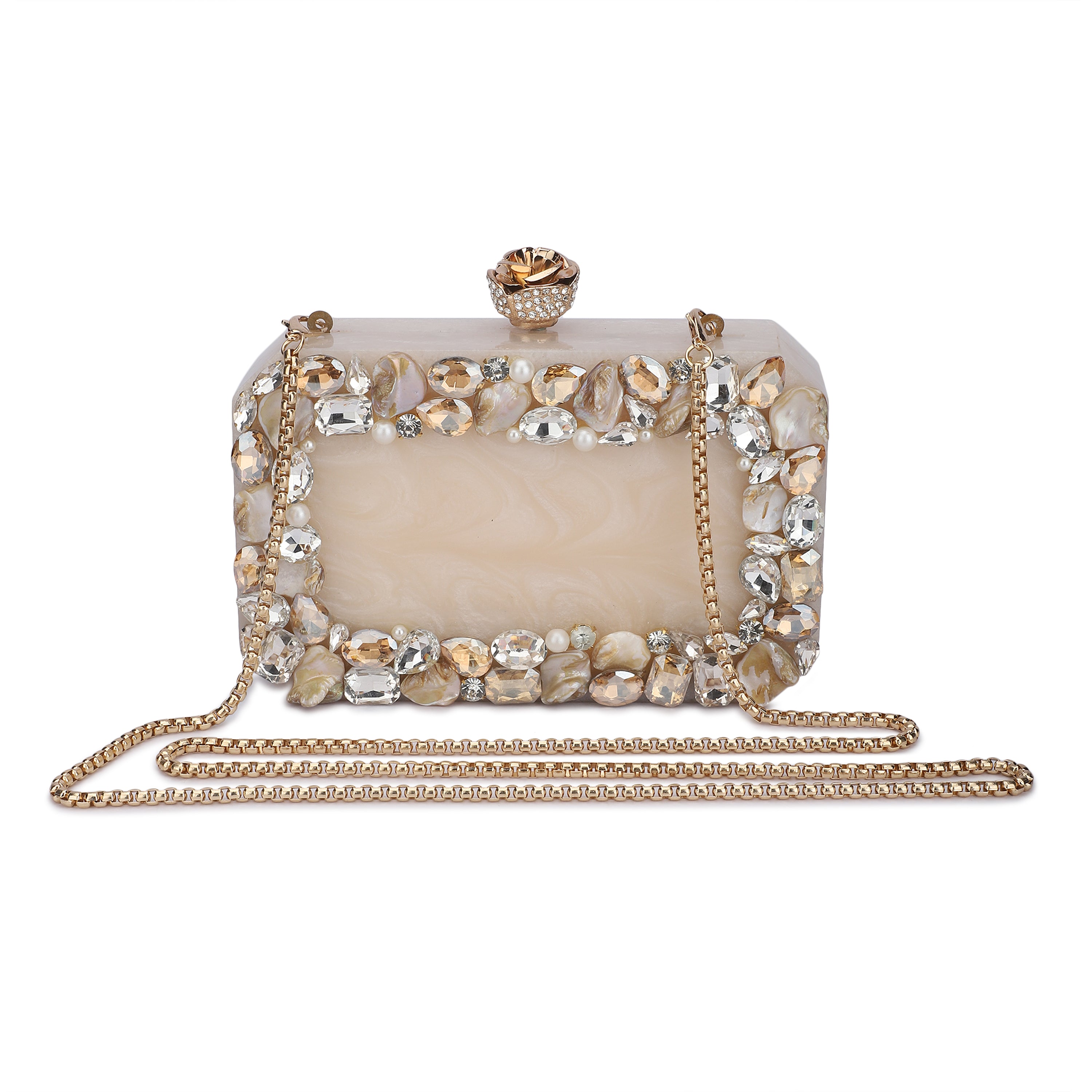 Resin-embellished salmon clutch with rose knob, sturdy sling, and extra pocket for convenience.