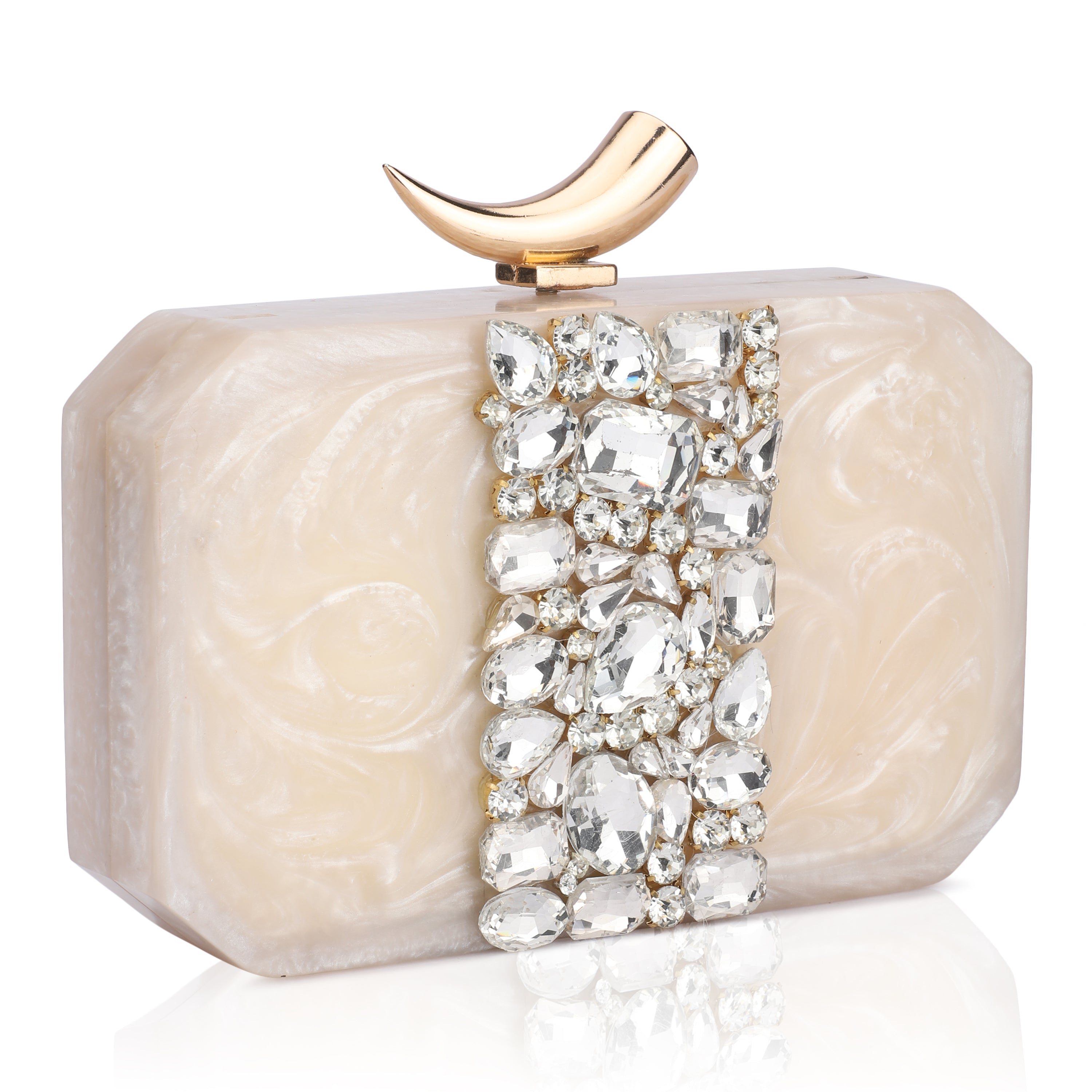 Salmon resin clutch with stone embellishments, soft lining, and extra pocket for practical storage.