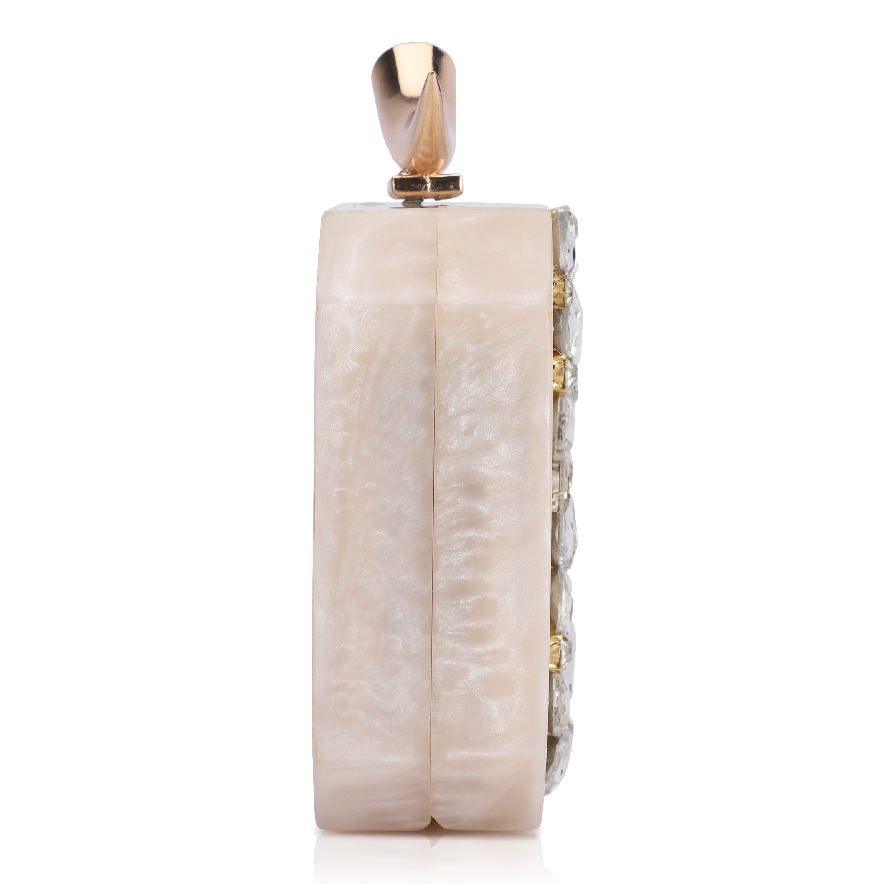 Salmon resin clutch with stone embellishments, soft lining, and extra pocket for practical storage.