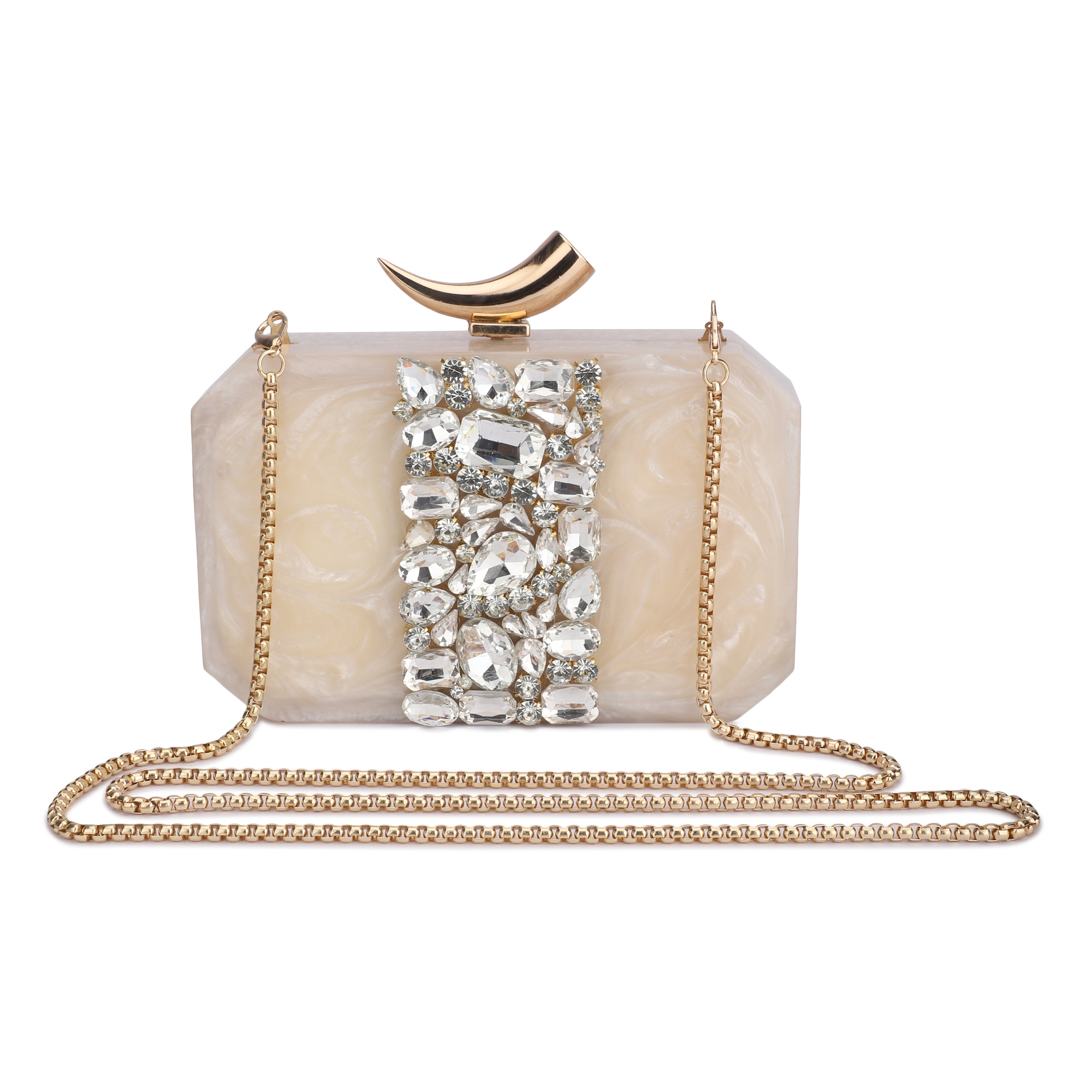 Salmon resin clutch with stone embellishments, soft lining, and extra pocket for practical storage.