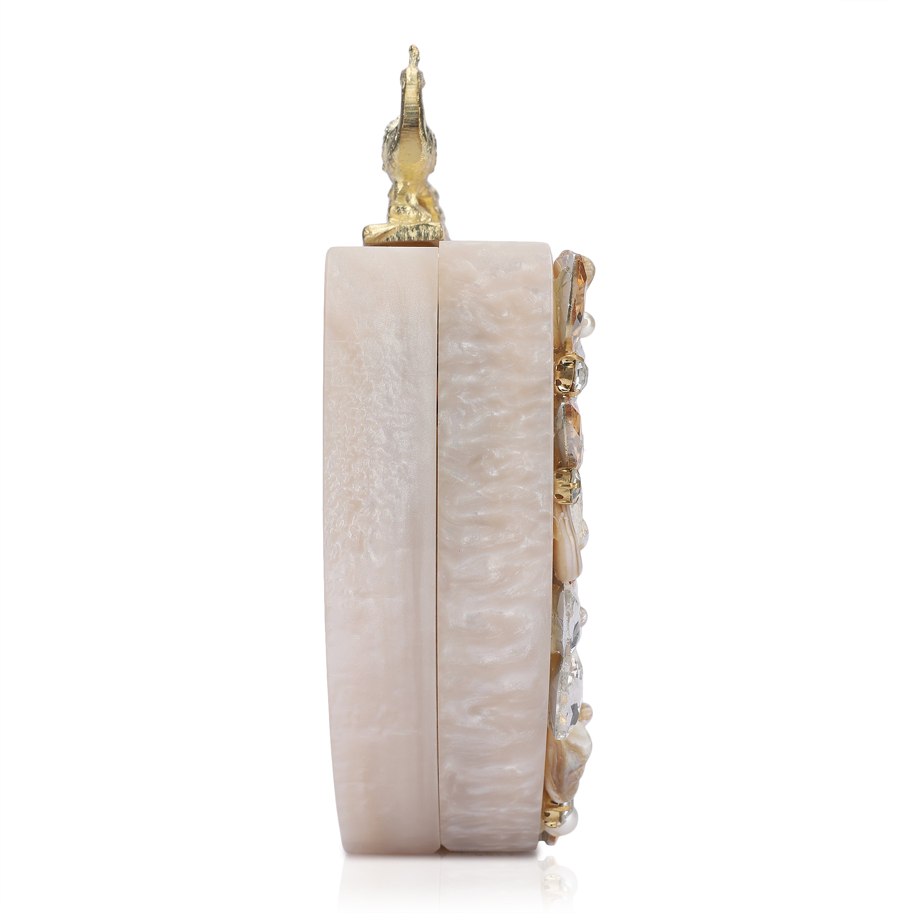 Salmon resin clutch with stone embellishments, soft lining, and extra pocket for storage.
