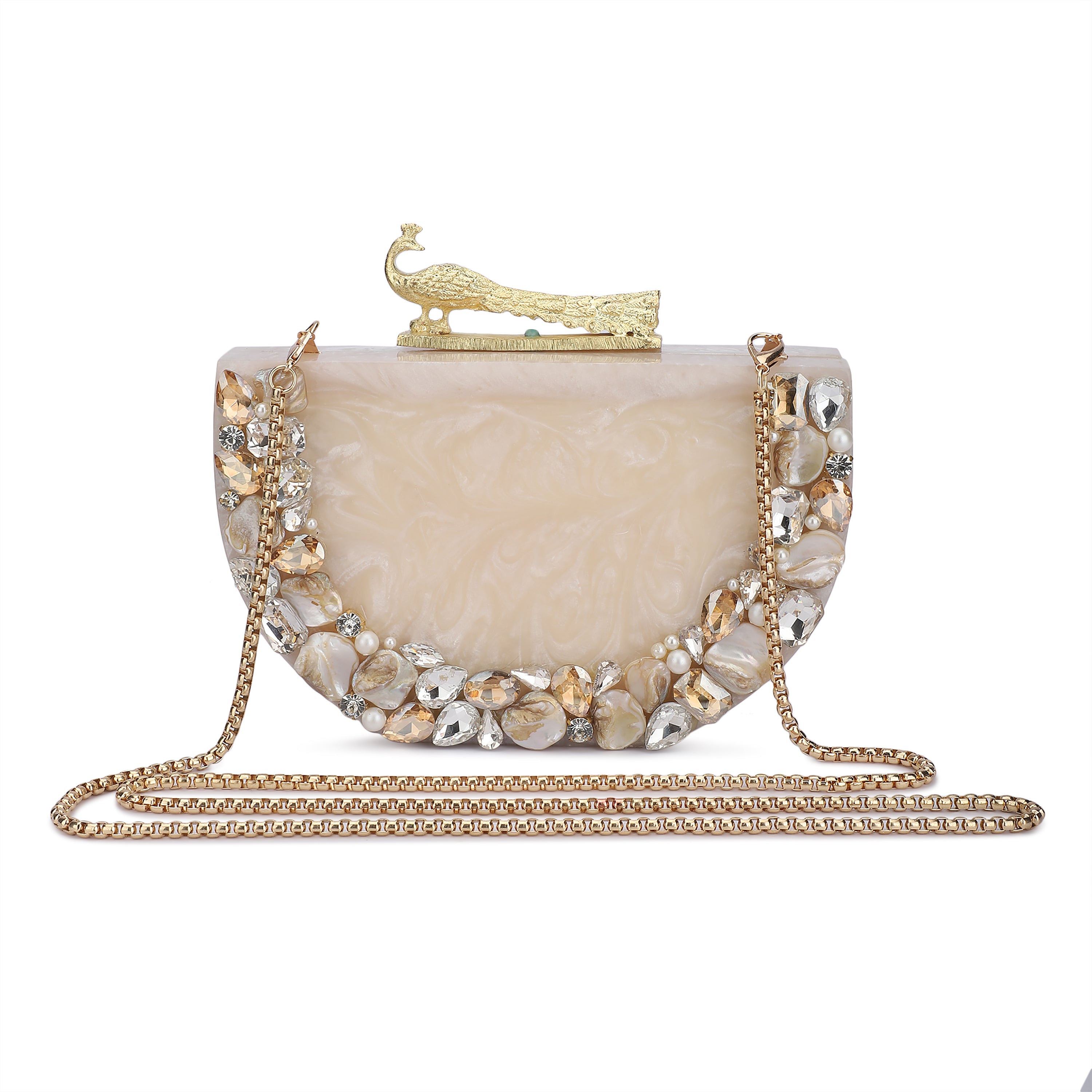 Salmon resin clutch with stone embellishments, soft lining, and extra pocket for storage.