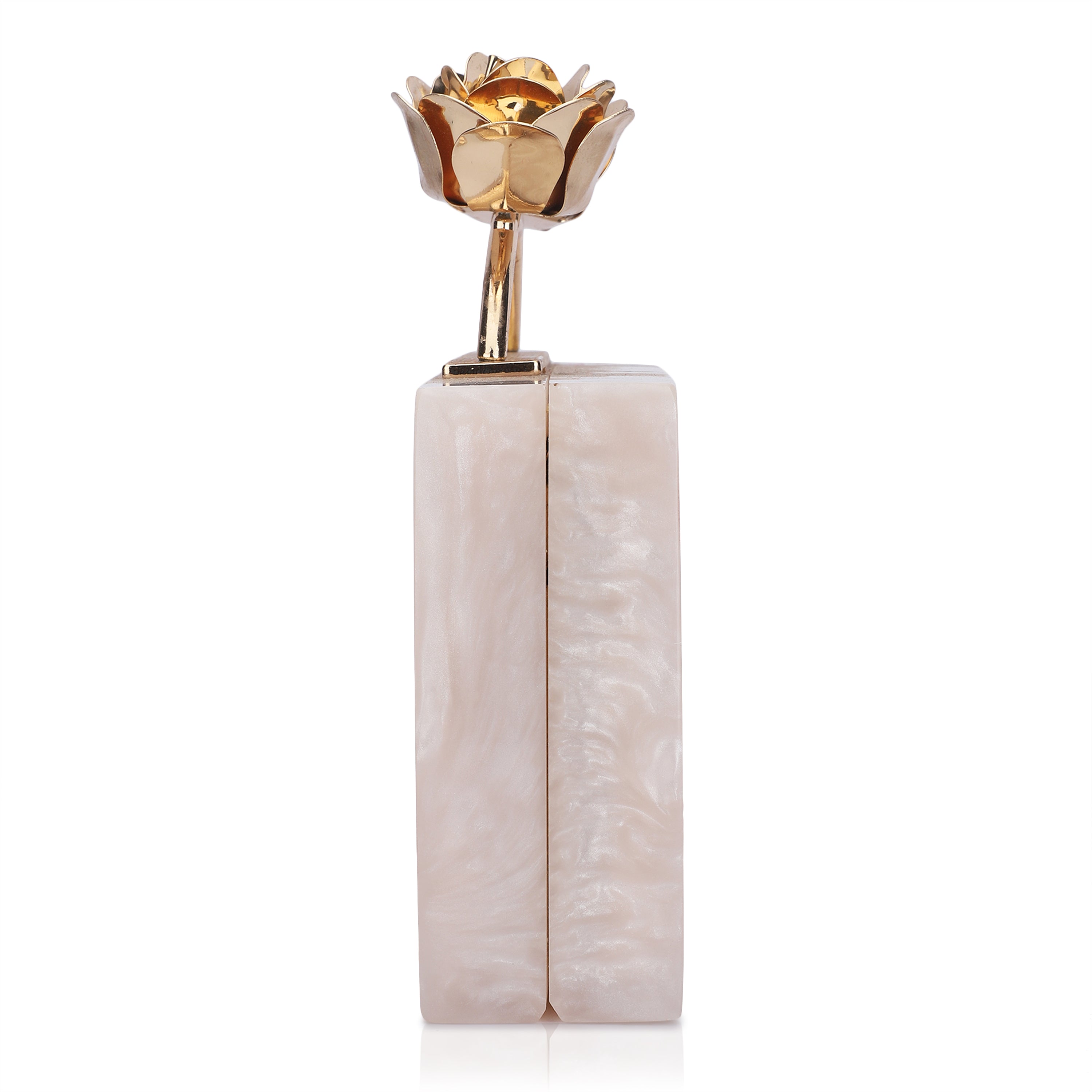 Elegant salmon resin clutch with rose knob, soft lining, and heavy sling for convenience.