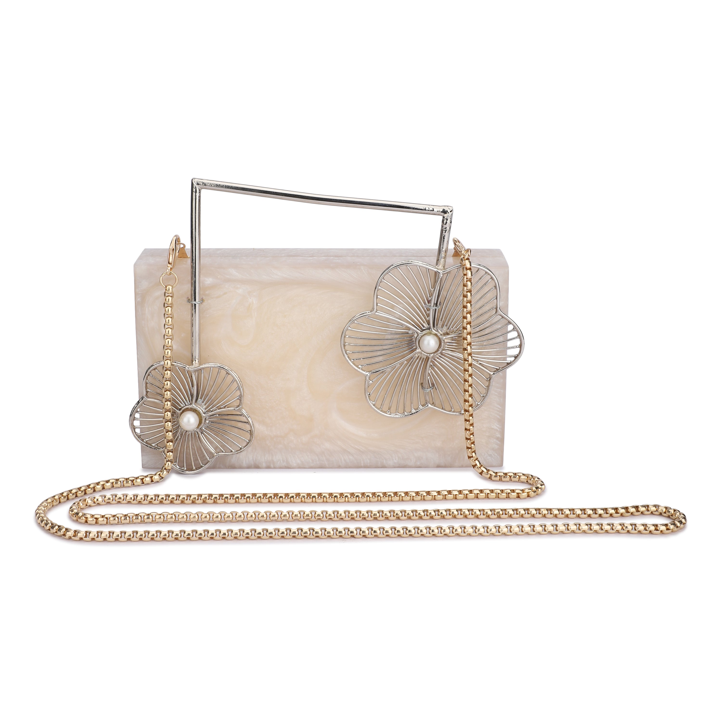 Salmon resin clutch with unique flower handles, heavy sling, and extra pocket for convenience.
