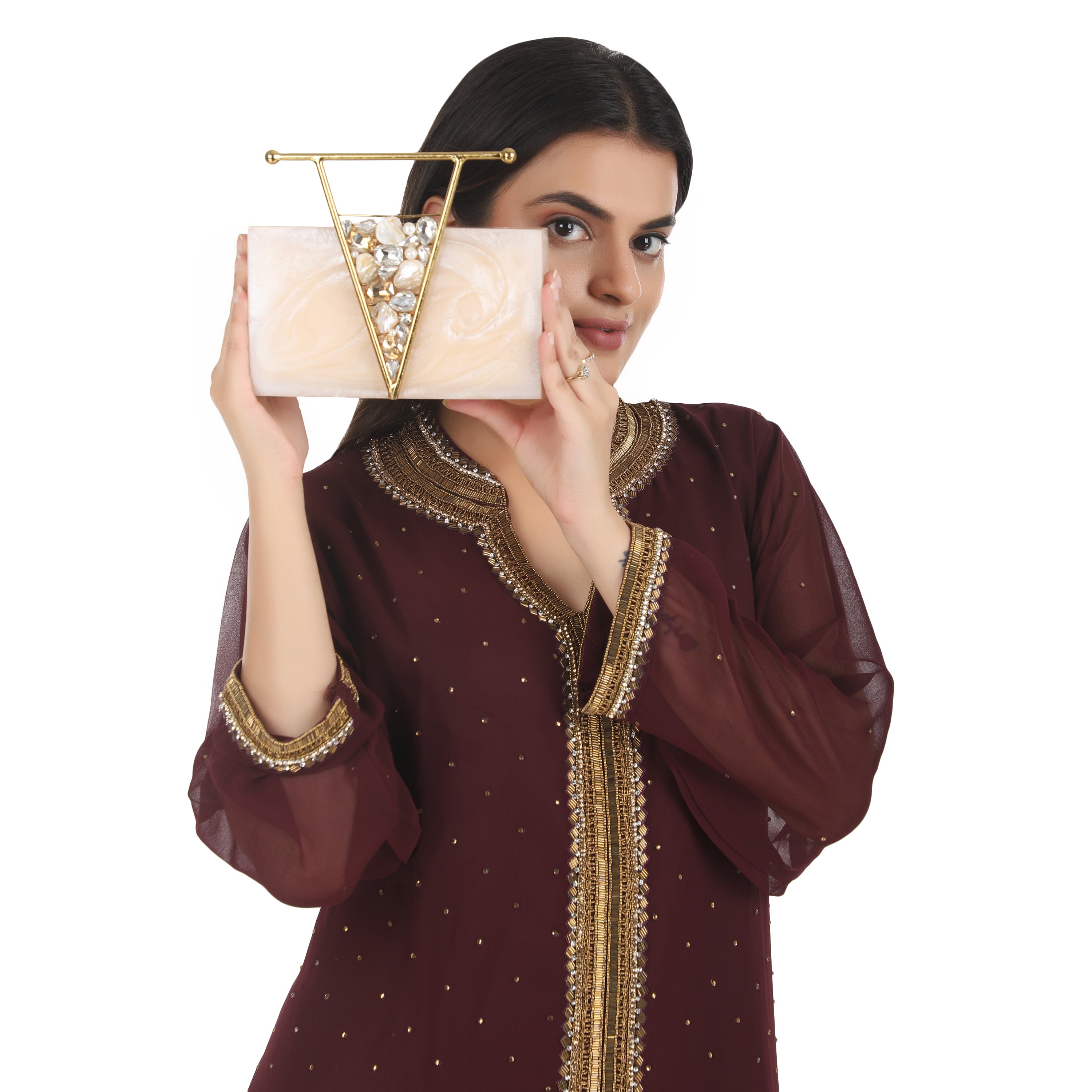 Beautifully crafted salmon resin clutch with exquisite details, perfect for showcasing your style.