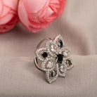 Black zircon finger ring with silver finish, perfect for party wear and adding an edgy touch.
