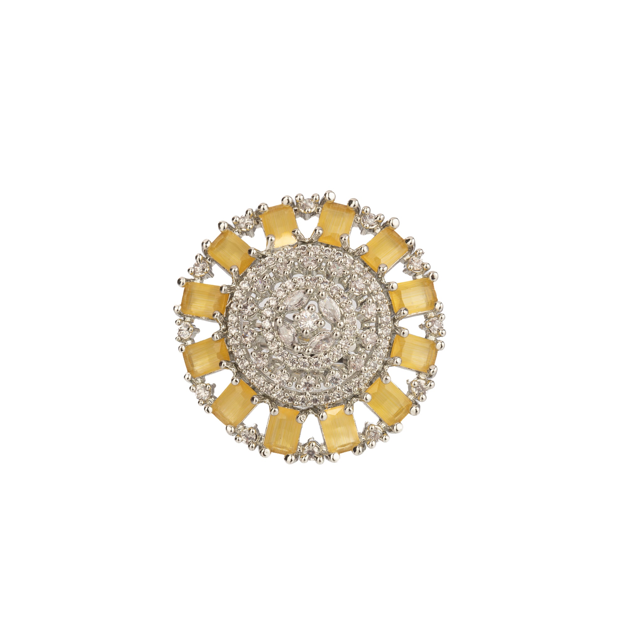 Yellow zircon finger ring with silver band, vibrant and eye-catching, ideal for party wear
