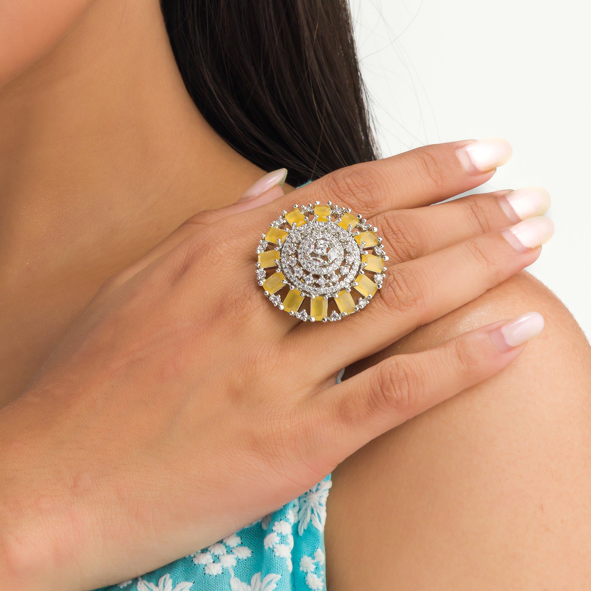 Yellow zircon finger ring with silver band, vibrant and eye-catching, ideal for party wear
