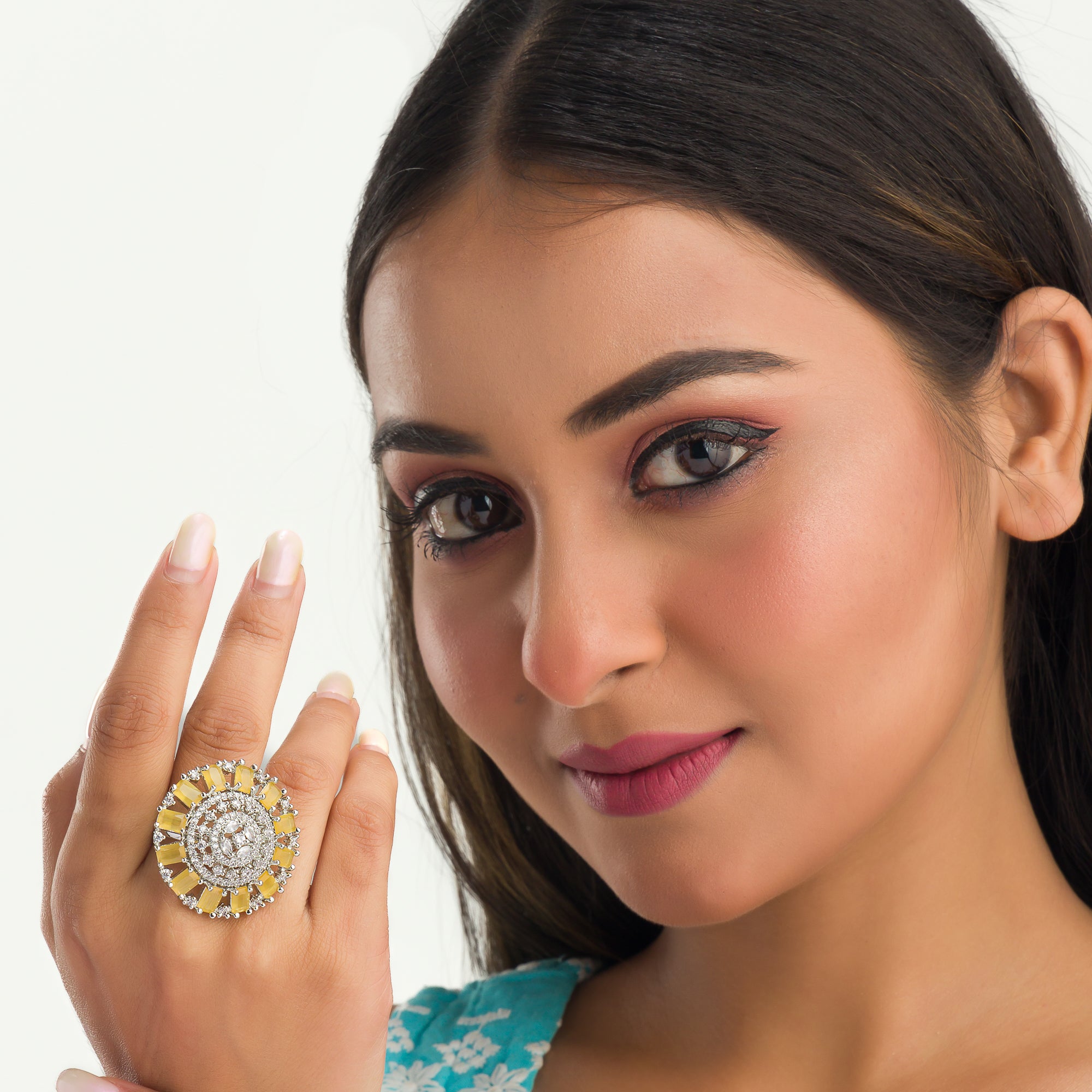 Yellow zircon finger ring with silver band, vibrant and eye-catching, ideal for party wear
