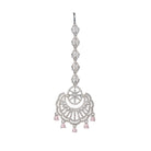 Pink zircon maang tika in silver, perfect for party wear, adding a soft, elegant pop of color to your look
