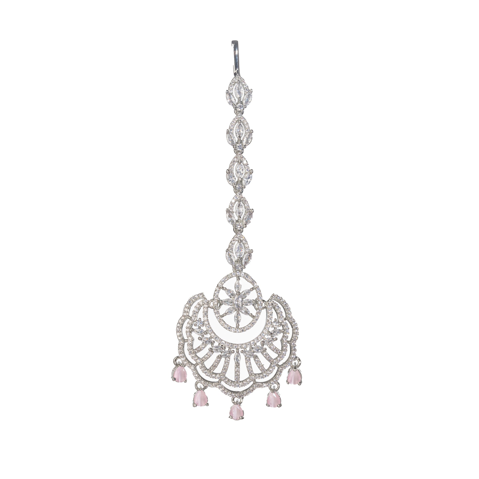 Pink zircon maang tika in silver, perfect for party wear, adding a soft, elegant pop of color to your look
