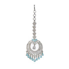 Aqua blue zircon maang tika in silver, perfect for party wear, adding a vibrant and elegant accent
