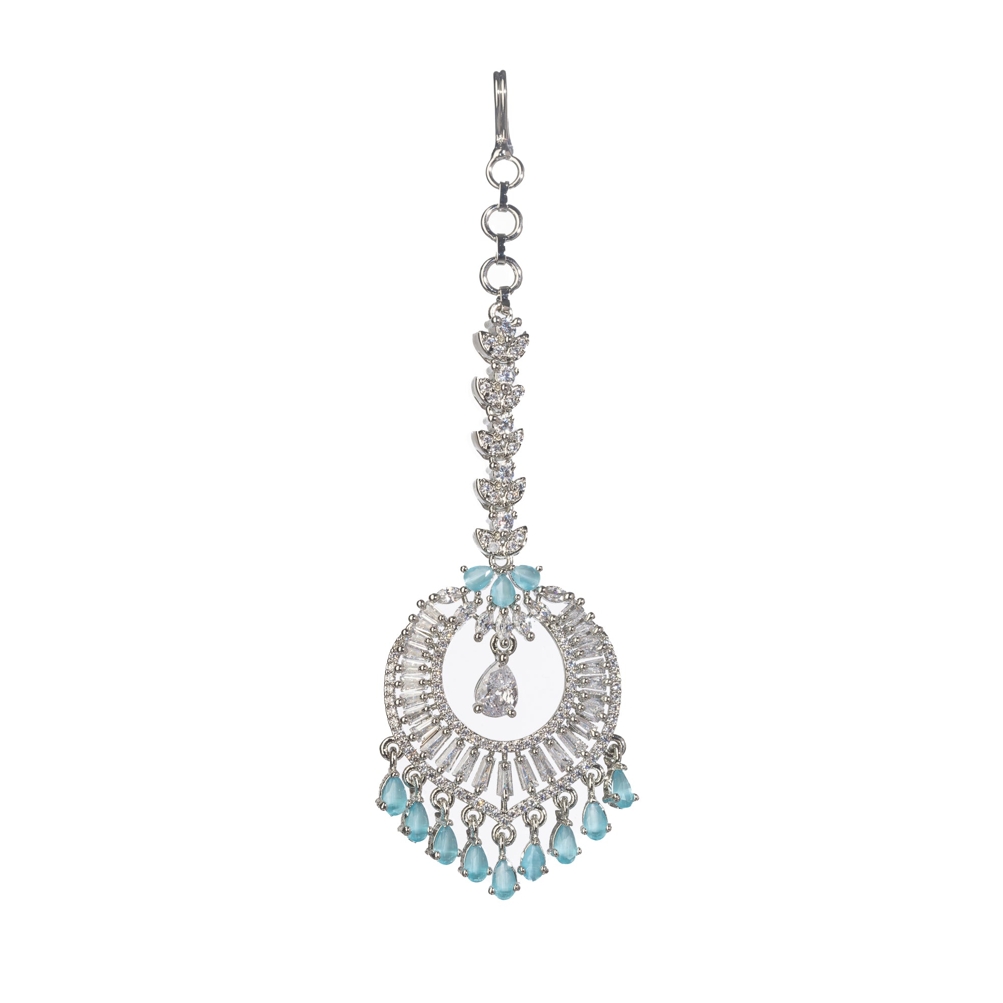 Aqua blue zircon maang tika in silver, perfect for party wear, adding a vibrant and elegant accent
