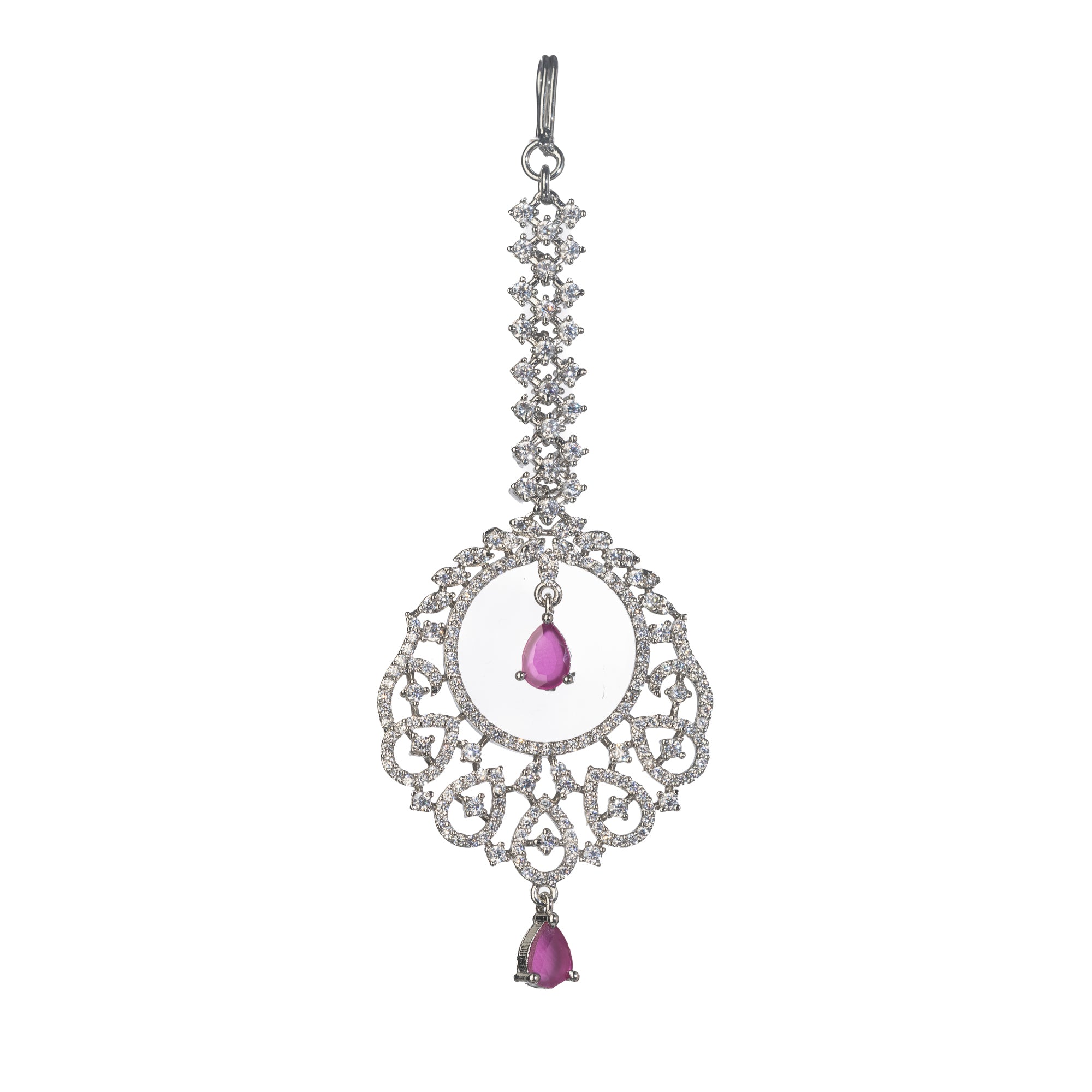 Pink zircon maang tika in silver, perfect for party wear, adding a chic touch of color and elegance
