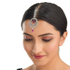 Pink zircon maang tika in silver, perfect for party wear, adding a chic touch of color and elegance
