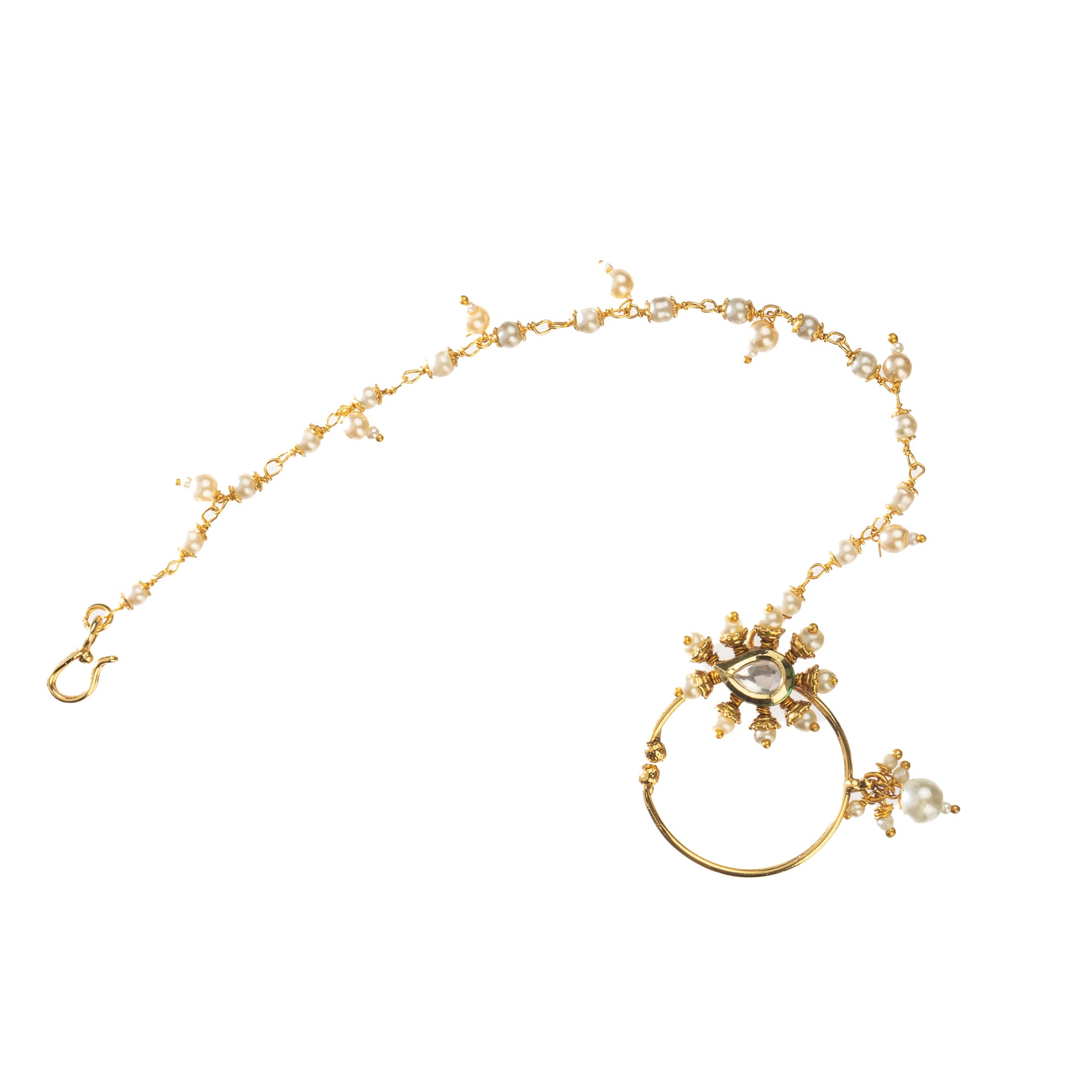 "Elegant gold-tone nose pin with pearls, perfect for festival wear, blending tradition and sophistication."
