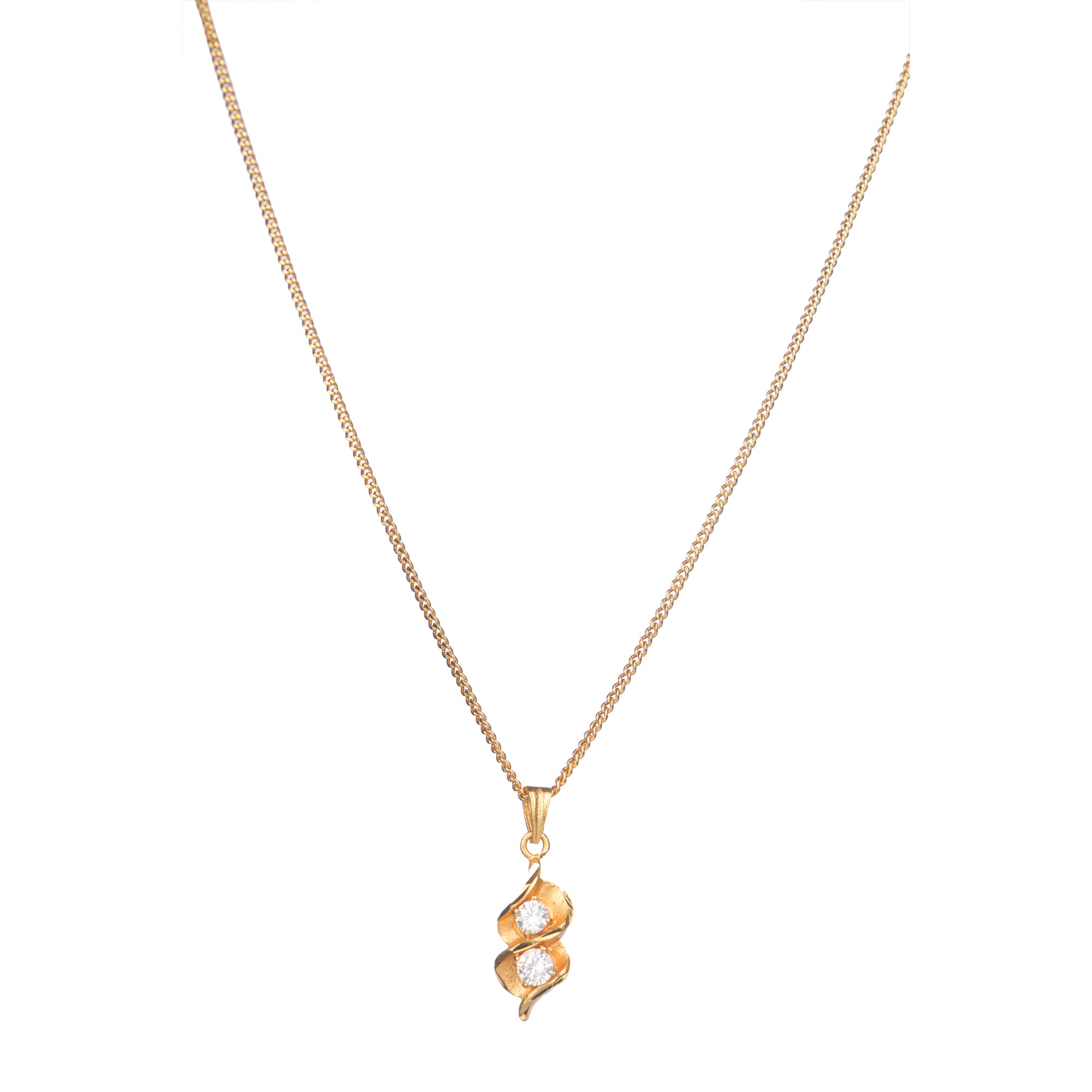 Gold-tone pendant in infinity shape with two stones, perfect for casual wear, adding elegance
