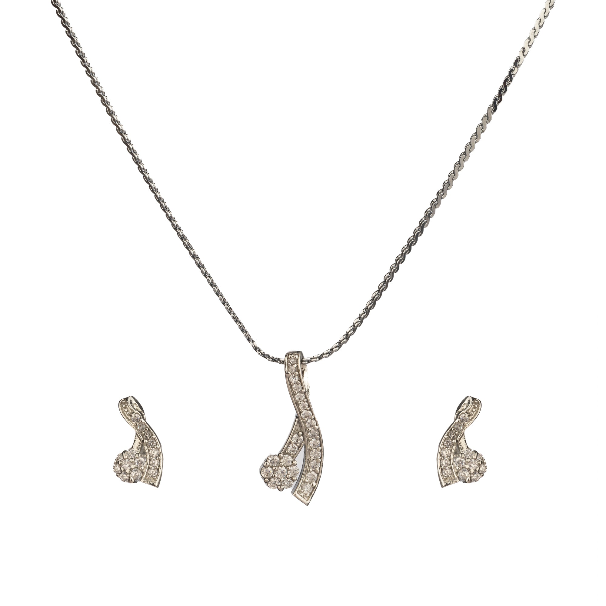 "Elegant zircon pendant set for neck and ear, perfect for casual wear, featuring a stylish '&' shape."
