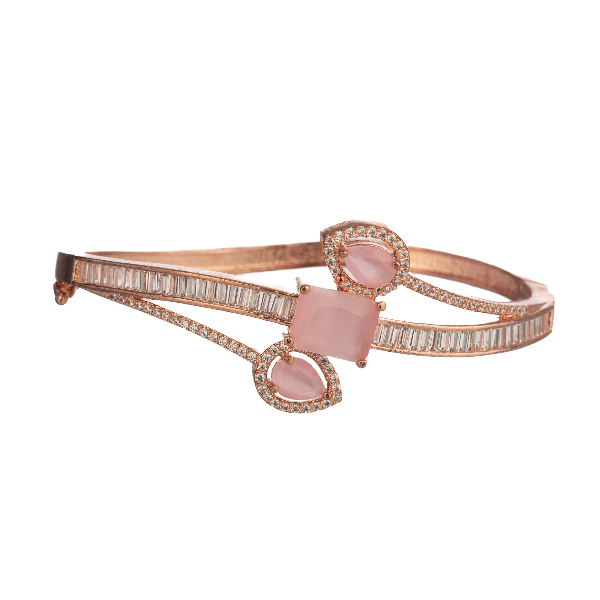Stunning pink zircon bracelet in rosegold, perfect for party wear, offering a vibrant, chic look."
