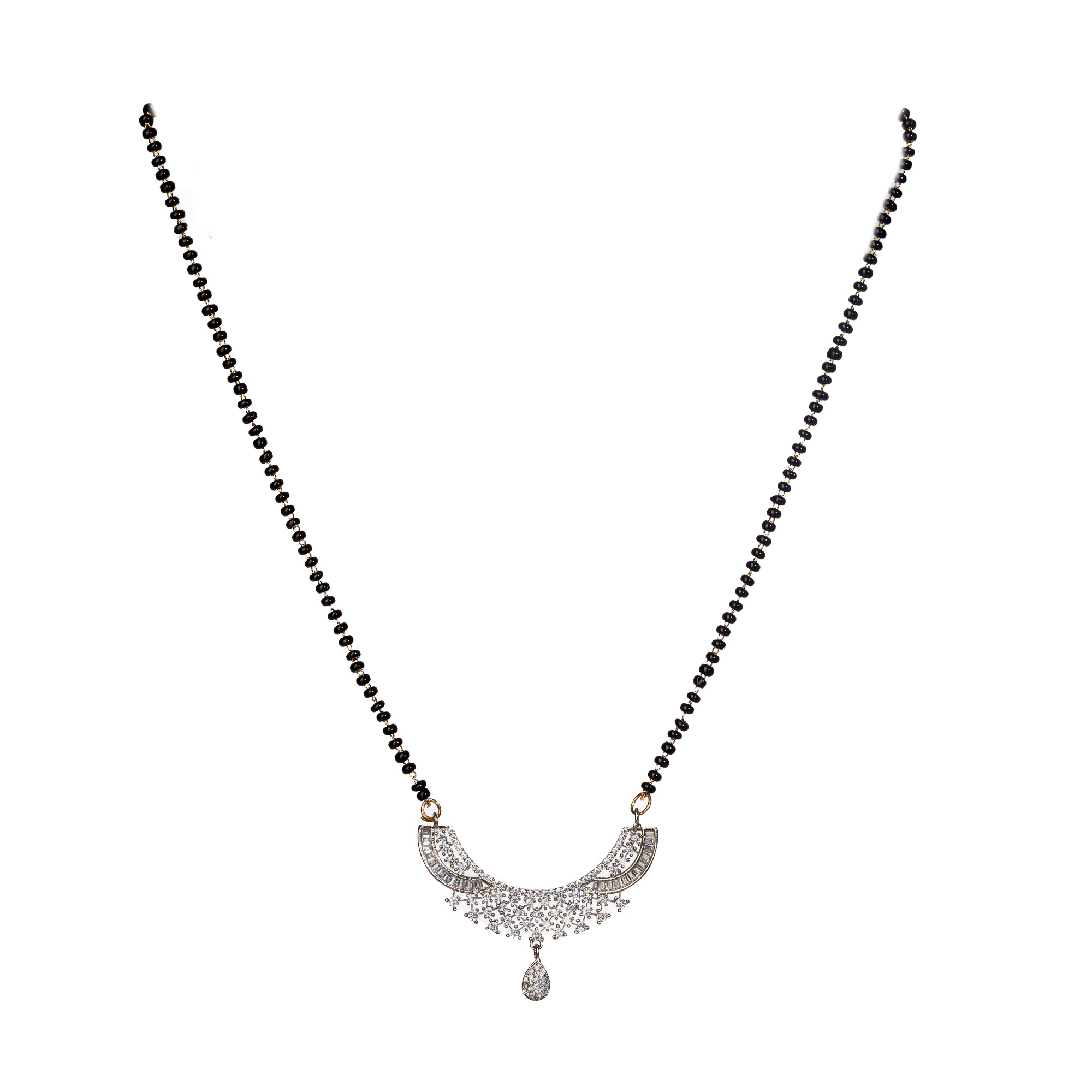 Elegant zircon mangalsutra in black and gold, blending traditional elegance with dazzling sparkle."
