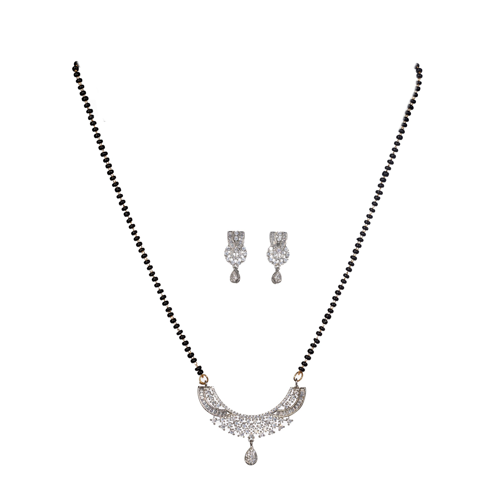 Elegant zircon mangalsutra in black and gold, blending traditional elegance with dazzling sparkle."
