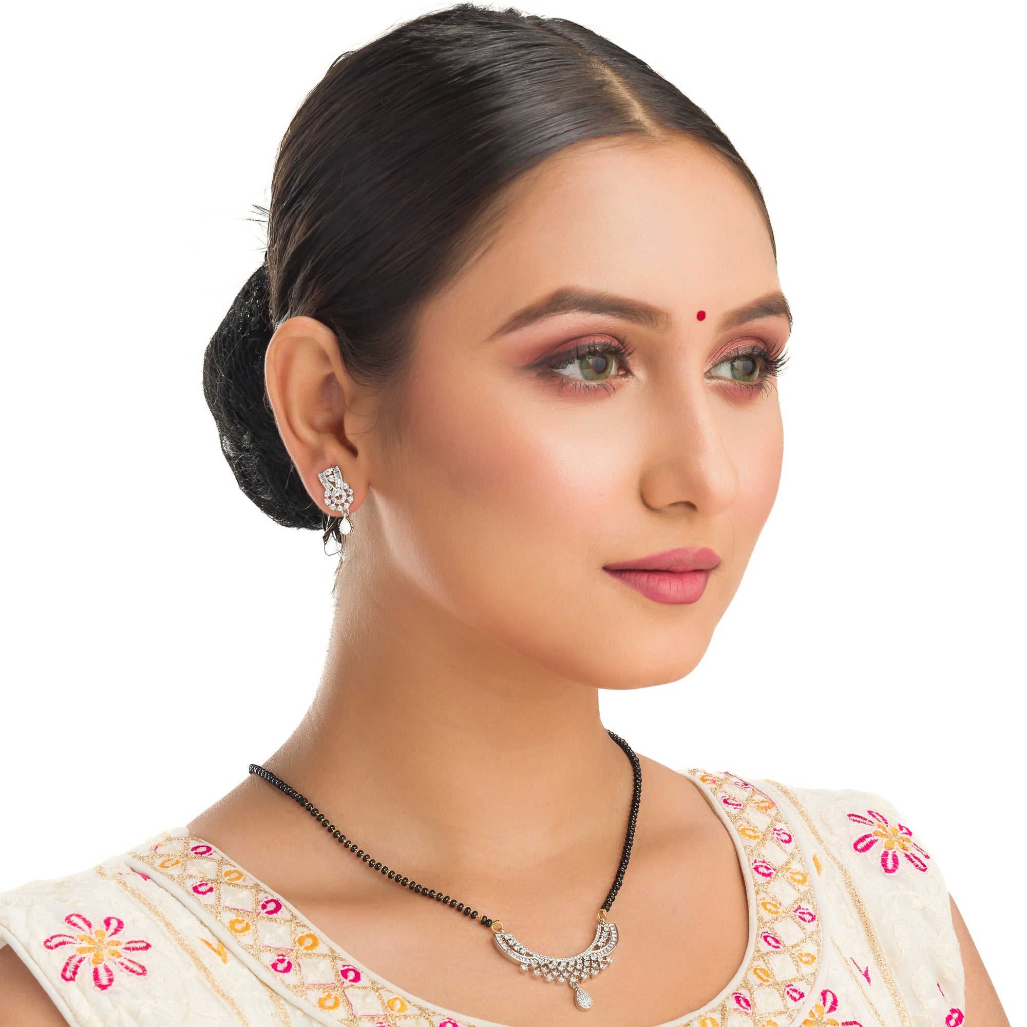 Elegant zircon mangalsutra in black and gold, blending traditional elegance with dazzling sparkle."
