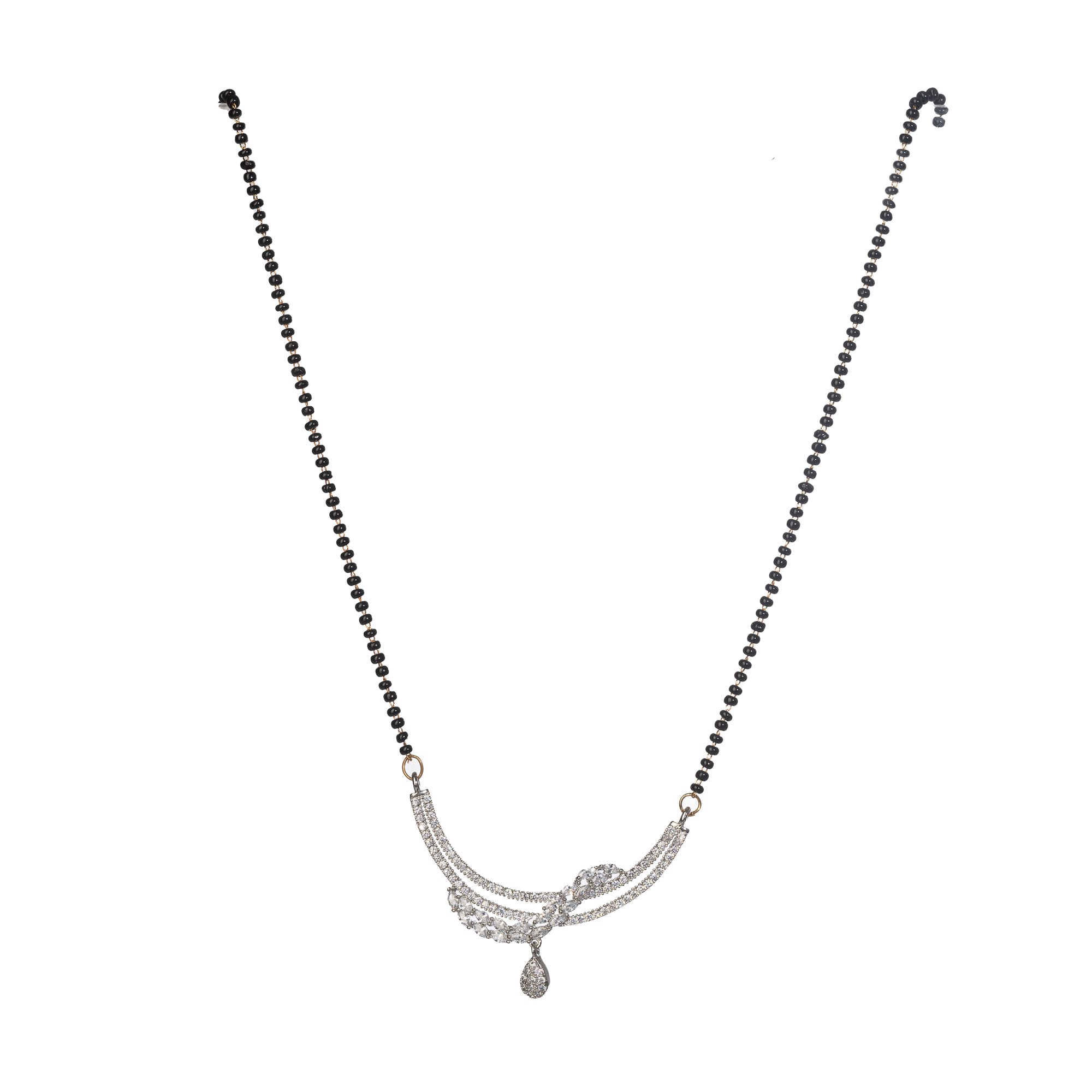 "Zircon mangalsutra in black and silver, blending traditional charm with radiant modern sparkle."
