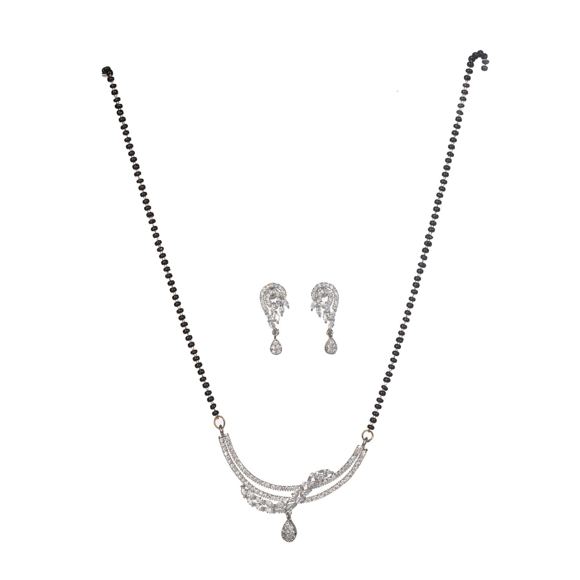 "Zircon mangalsutra in black and silver, blending traditional charm with radiant modern sparkle."

