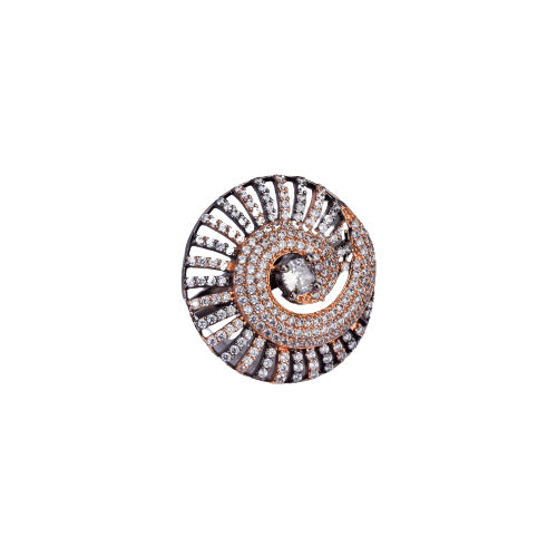 "Rose gold zircon ring with black accents blends elegance and dramatic flair for party wear."
