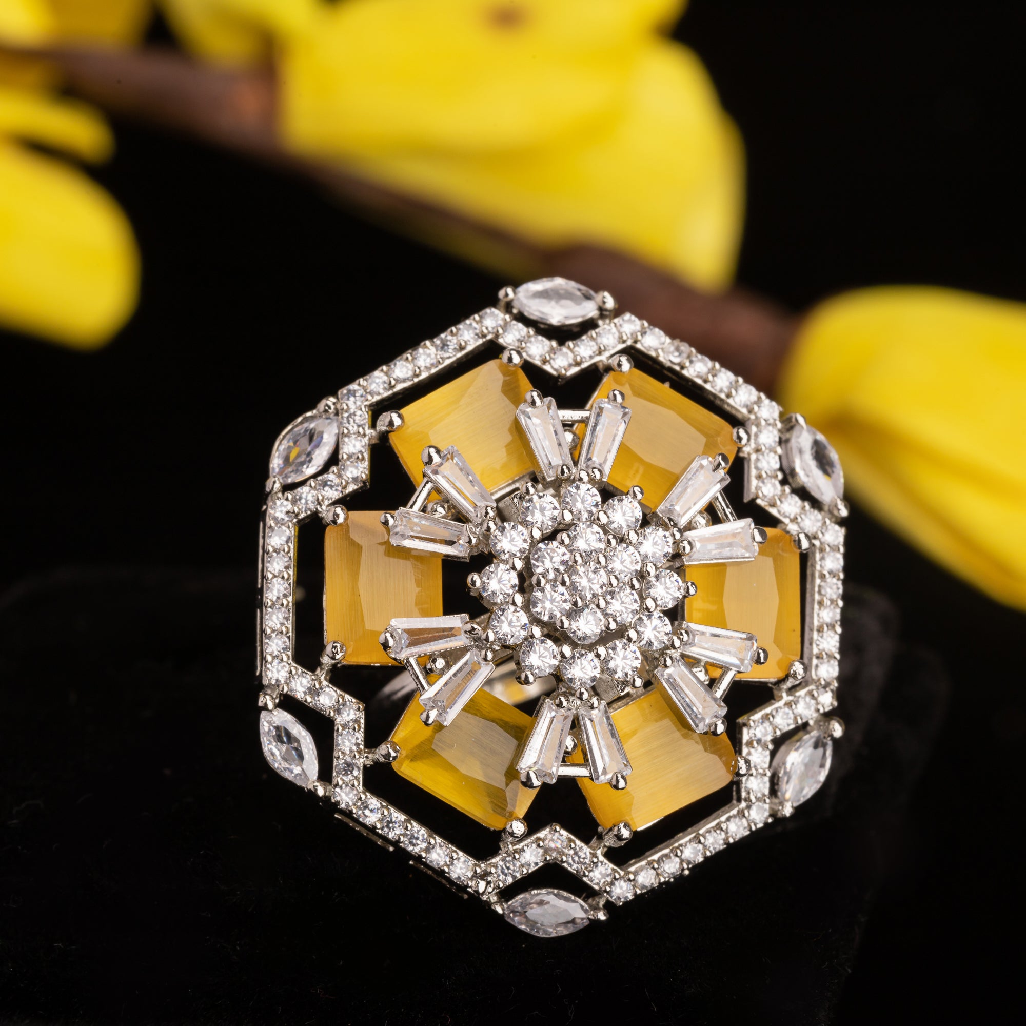 "Yellow zircon finger ring in silver radiates vibrant, eye-catching brilliance for party wear.
