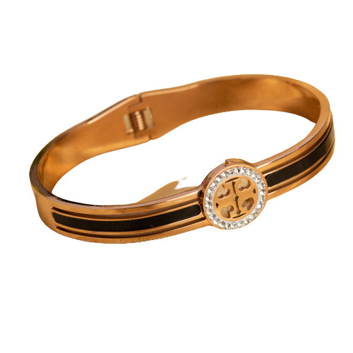 "Zircon bracelet with rose gold polish offers a sophisticated blend of sparkle and warmth for casual wear."
