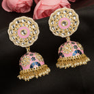 "Orchid minakari jhumka earrings in gold tone showcase intricate, vibrant designs with timeless elegance for festivals."
