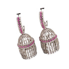 "Pink zircon big jhumka features vibrant design with intricate detailing for a bold look."
