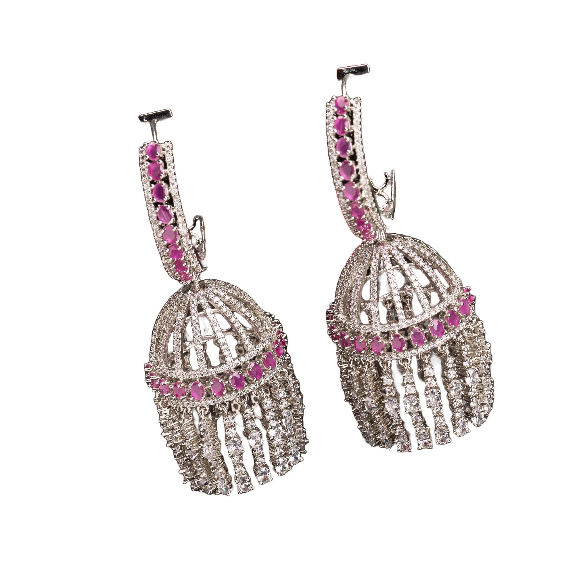 "Pink zircon big jhumka features vibrant design with intricate detailing for a bold look."
