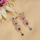Green and white zircon earrings with rose gold polish exude vibrant elegance and style."
