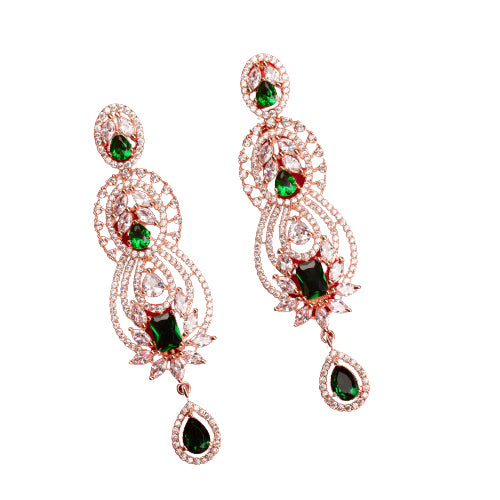 Green and white zircon earrings with rose gold polish exude vibrant elegance and style."
