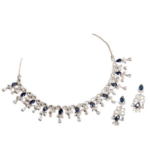 "Navy blue zircon necklace offers a sophisticated splash of color and sparkle."
