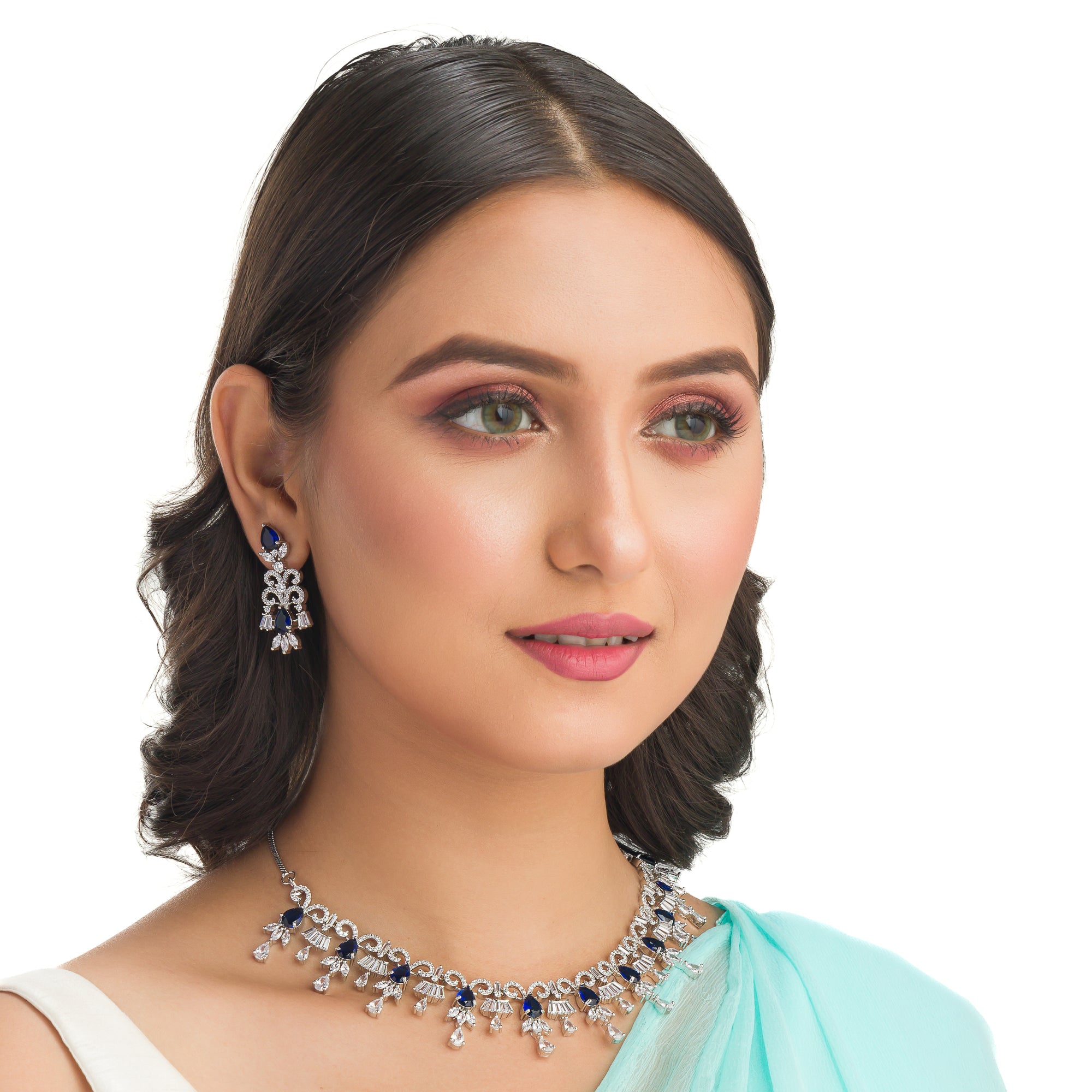 "Navy blue zircon necklace offers a sophisticated splash of color and sparkle."
