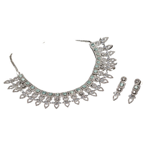 "Light green zircon necklace adds a fresh, subtle touch of elegance."

