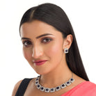 "Navy blue square zircon short necklace offers vibrant, chic elegance."
